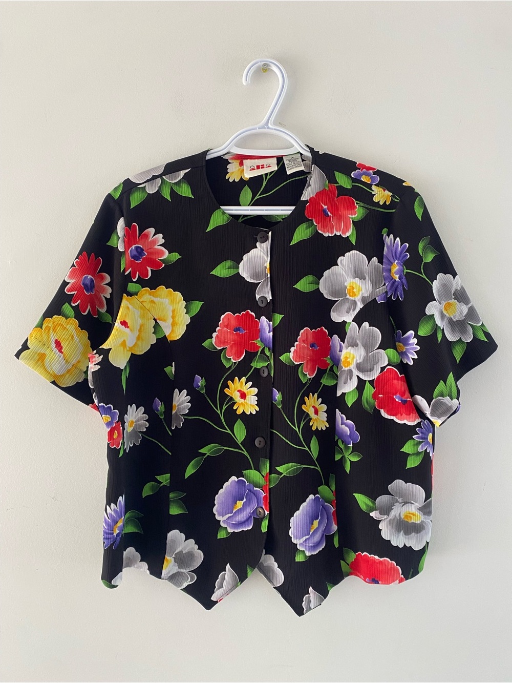Alia Black Button-Front Top with Red, Yellow, Purple & White Floral Print